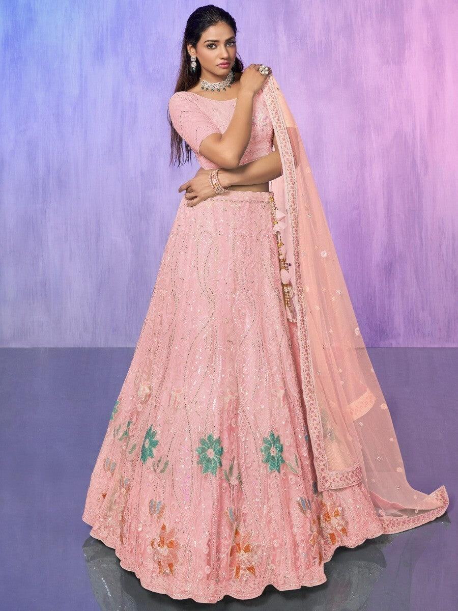 Charming Peach Embroidered Net Lehenga Choli With Dupatta