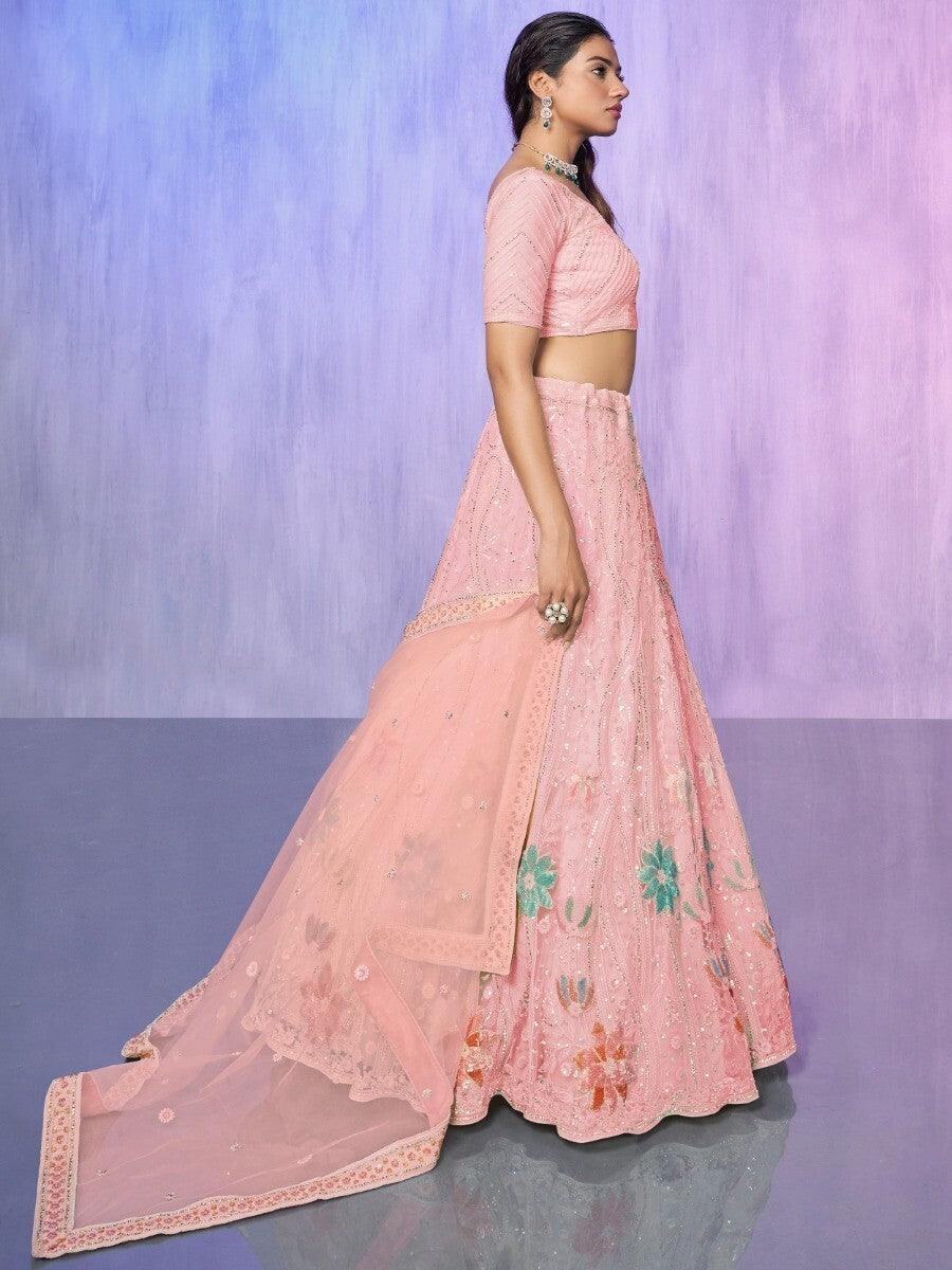 Charming Peach Embroidered Net Lehenga Choli With Dupatta