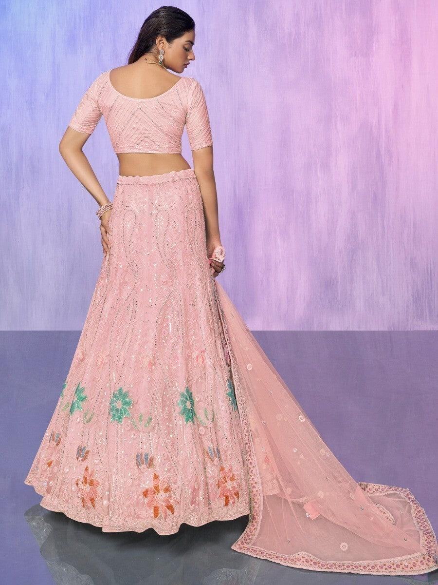 Charming Peach Embroidered Net Lehenga Choli With Dupatta