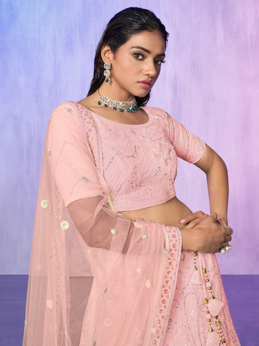 Charming Peach Embroidered Net Lehenga Choli With Dupatta