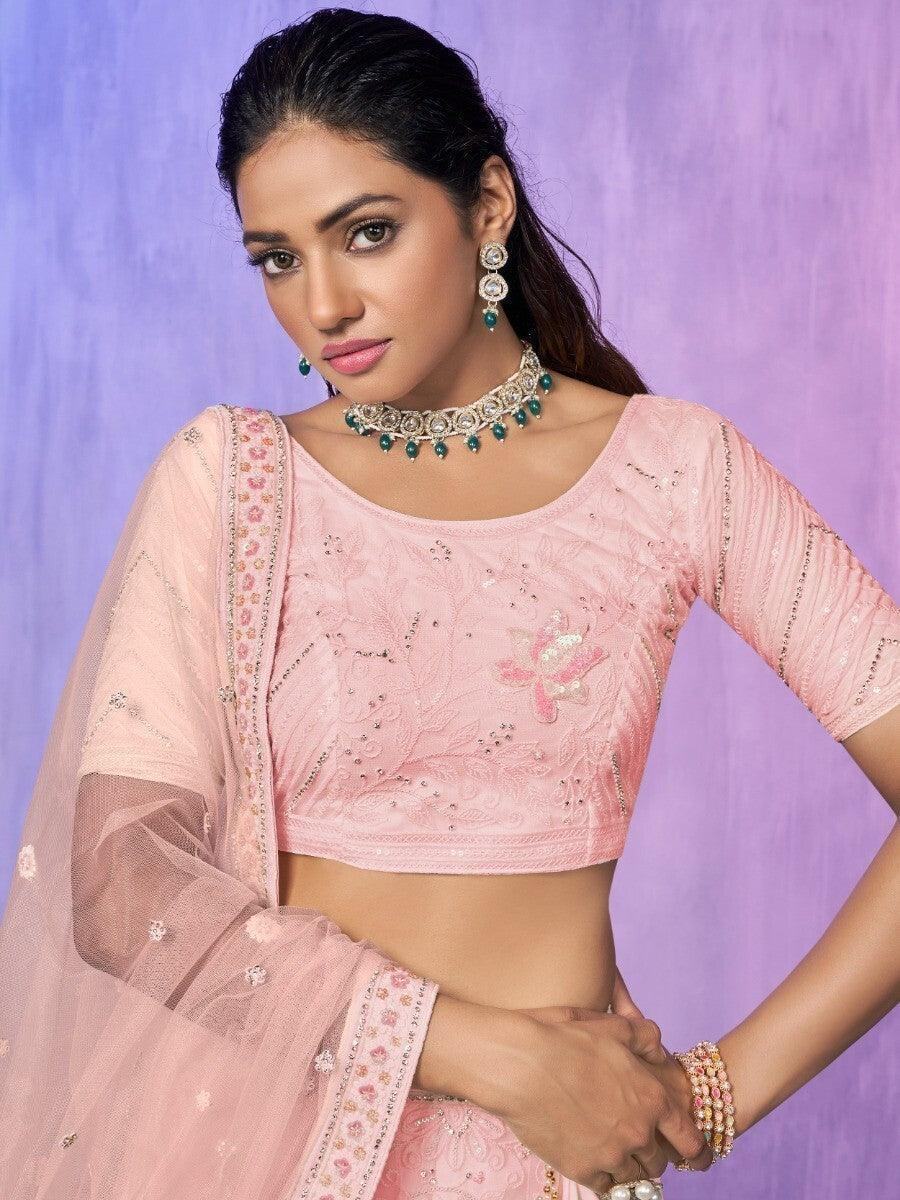Charming Peach Embroidered Net Lehenga Choli With Dupatta