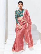 Charming Peach Sequins Organza Festival Wear Saree With Blouse
