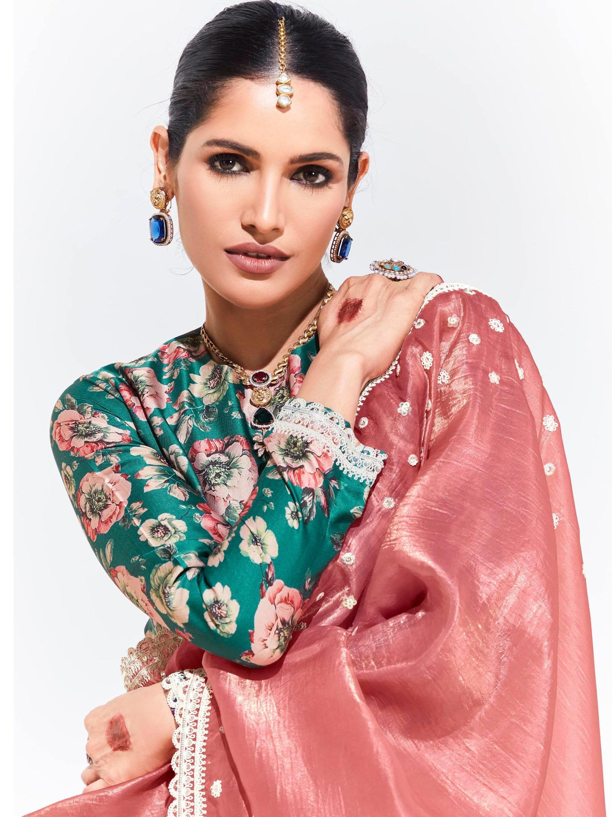 Charming Peach Sequins Organza Festival Wear Saree With Blouse