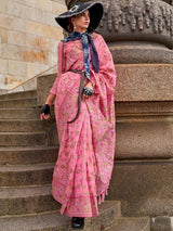 Charming Pink Floral Woven Organza Wedding Wear Saree With Blouse
