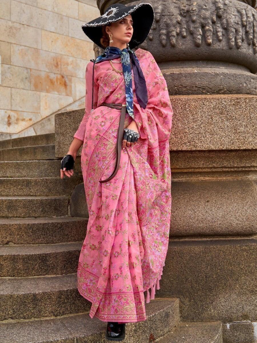 Charming Pink Floral Woven Organza Wedding Wear Saree With Blouse