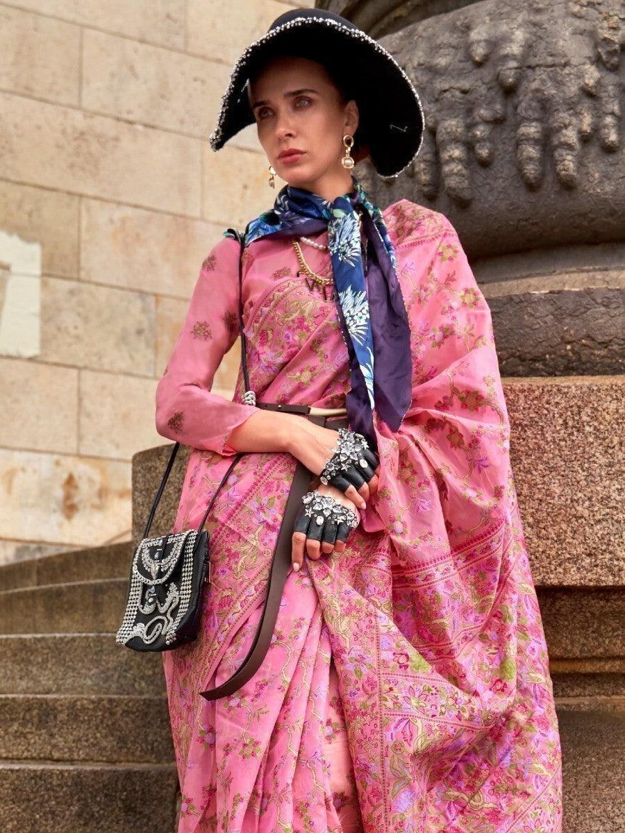 Charming Pink Floral Woven Organza Wedding Wear Saree With Blouse