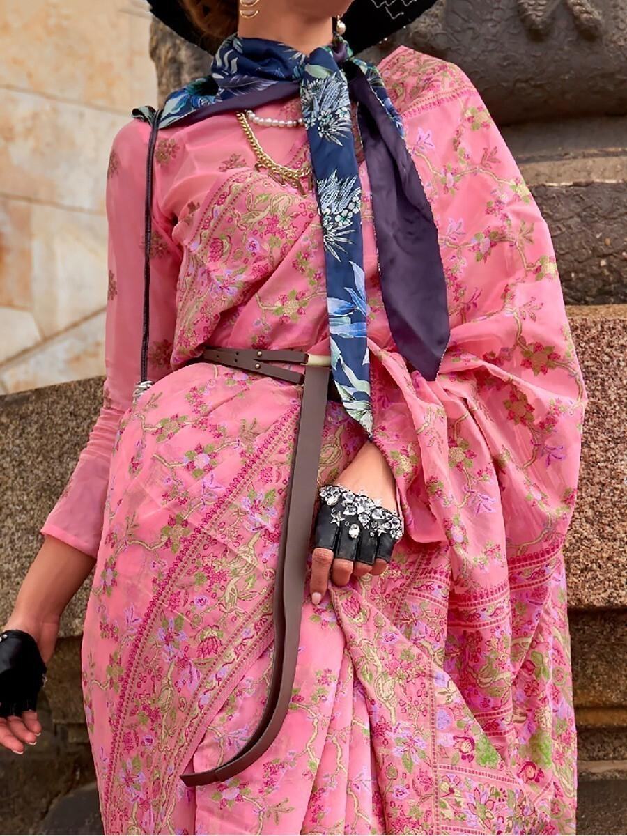 Charming Pink Floral Woven Organza Wedding Wear Saree With Blouse