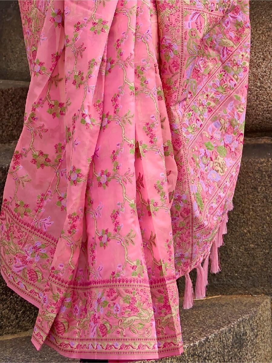 Charming Pink Floral Woven Organza Wedding Wear Saree With Blouse