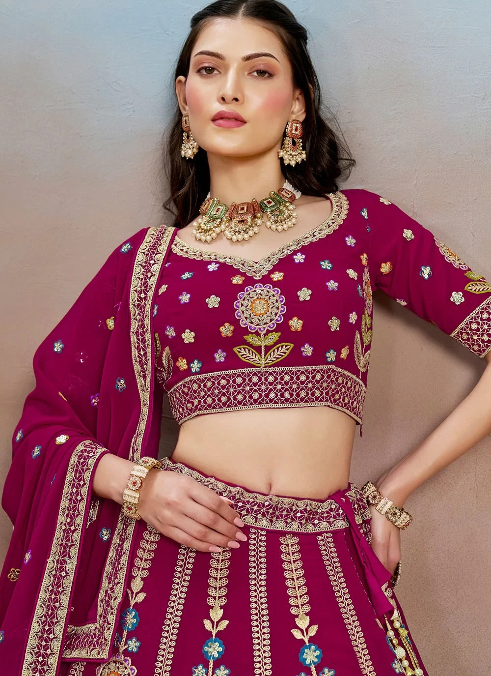 Charming pink georgette bridesmaid sequins work lehenga