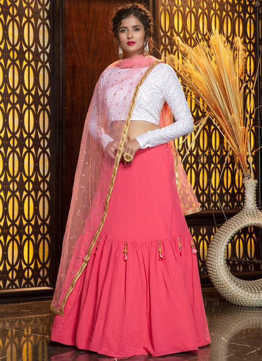 Charming Pink-White Georgette Flared Lehenga Choli Set