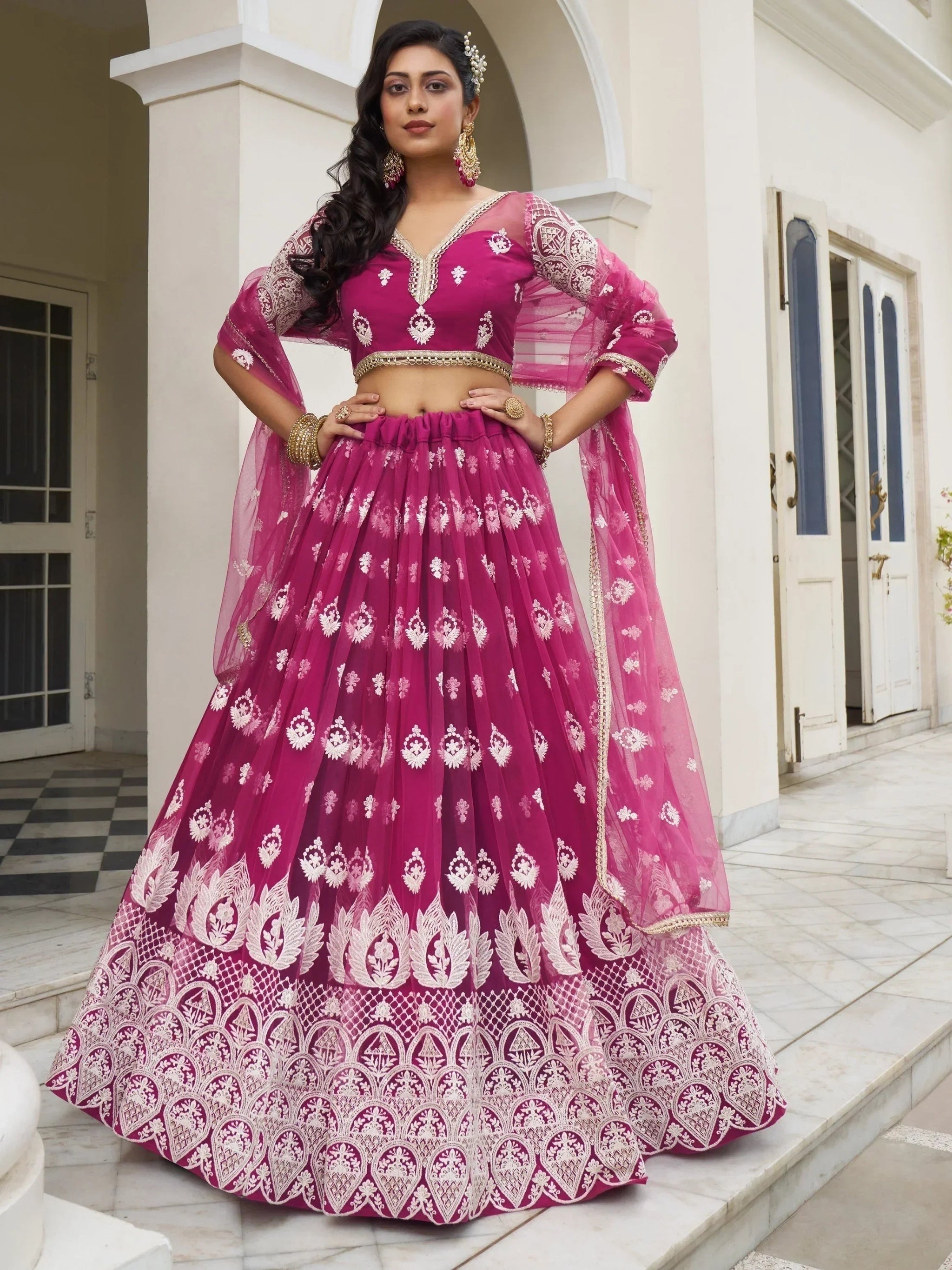 Charming Rani Pink Thread Work Net Wedding Wear Lehenga Choli