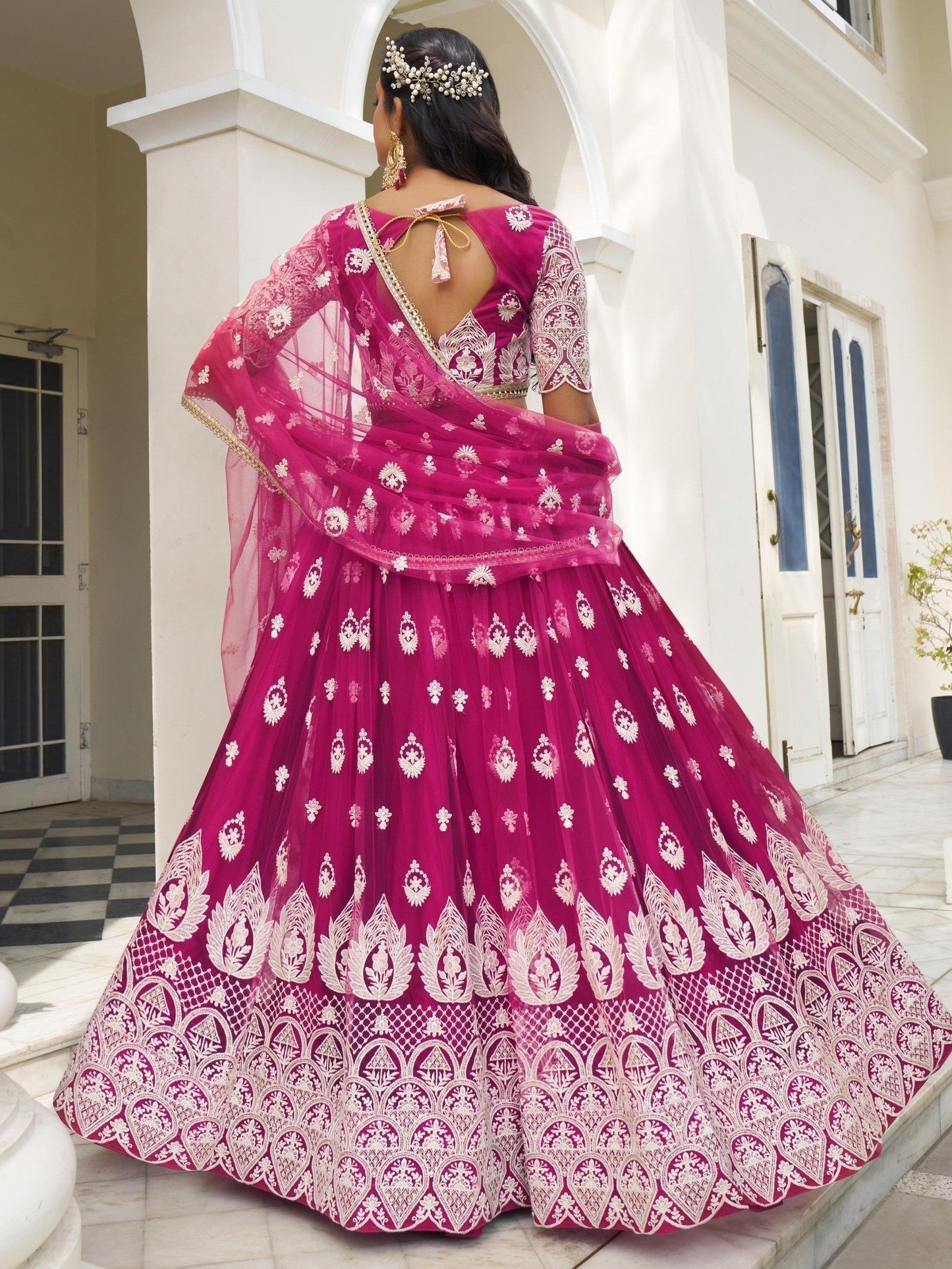Charming Rani Pink Thread Work Net Wedding Wear Lehenga Choli