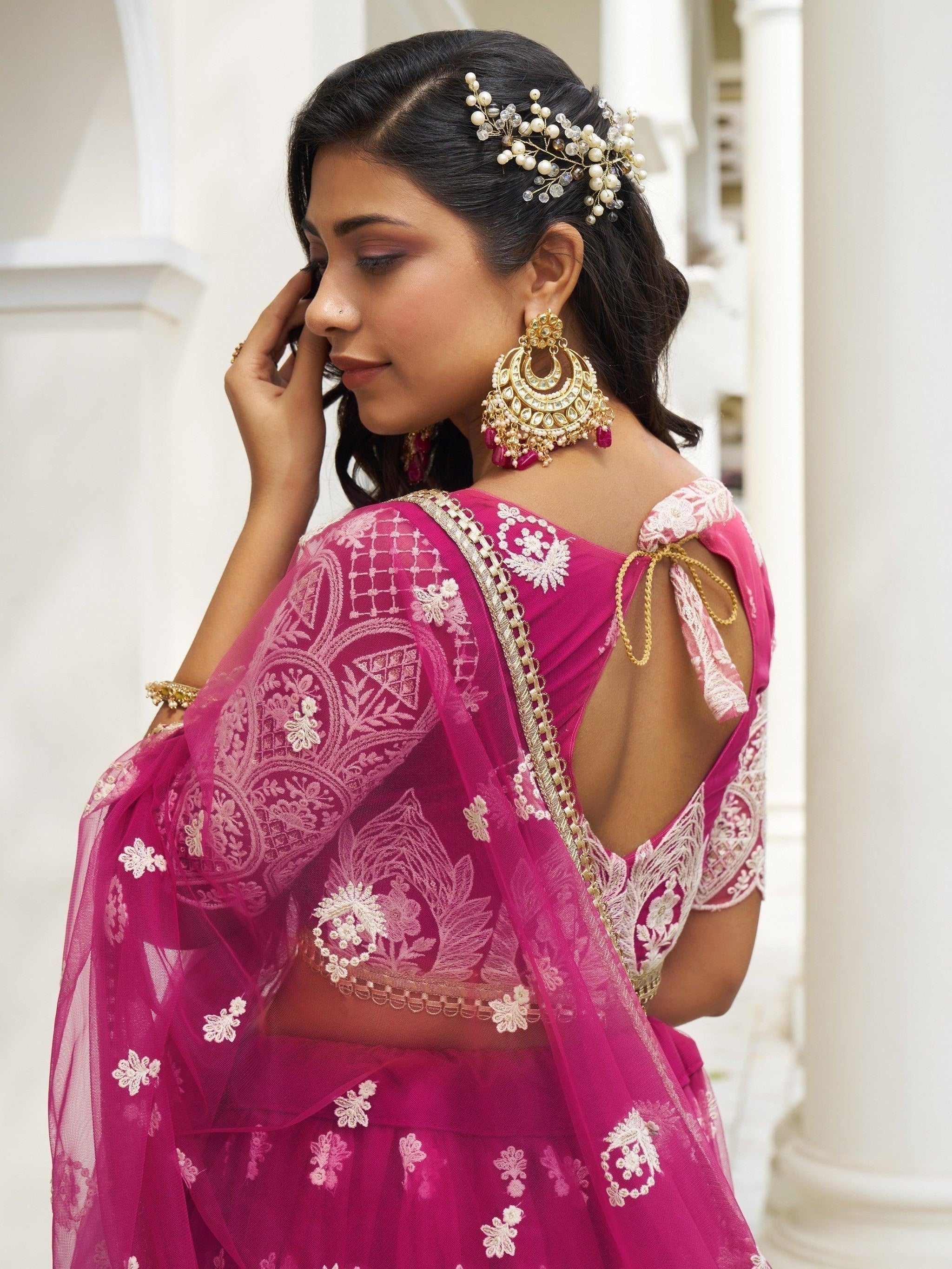 Charming Rani Pink Thread Work Net Wedding Wear Lehenga Choli
