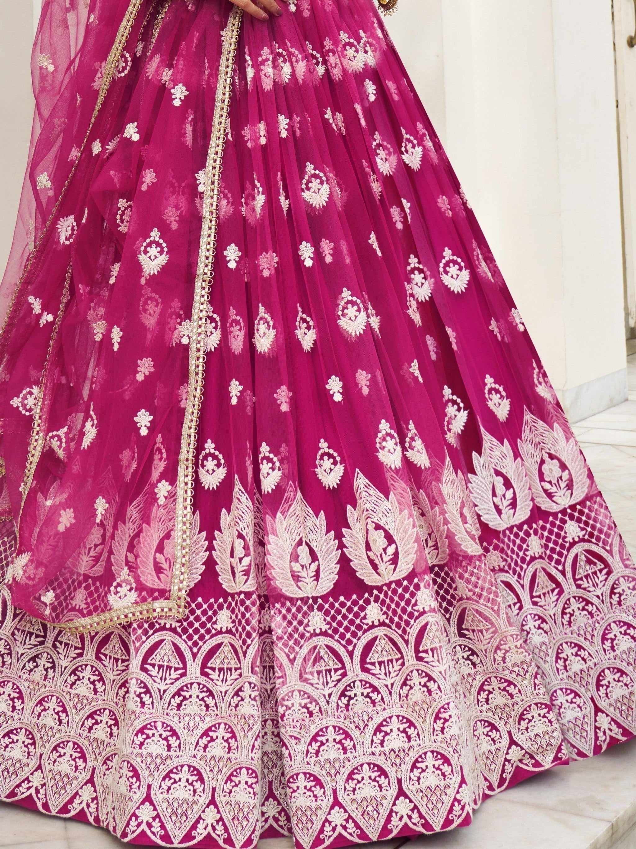 Charming Rani Pink Thread Work Net Wedding Wear Lehenga Choli