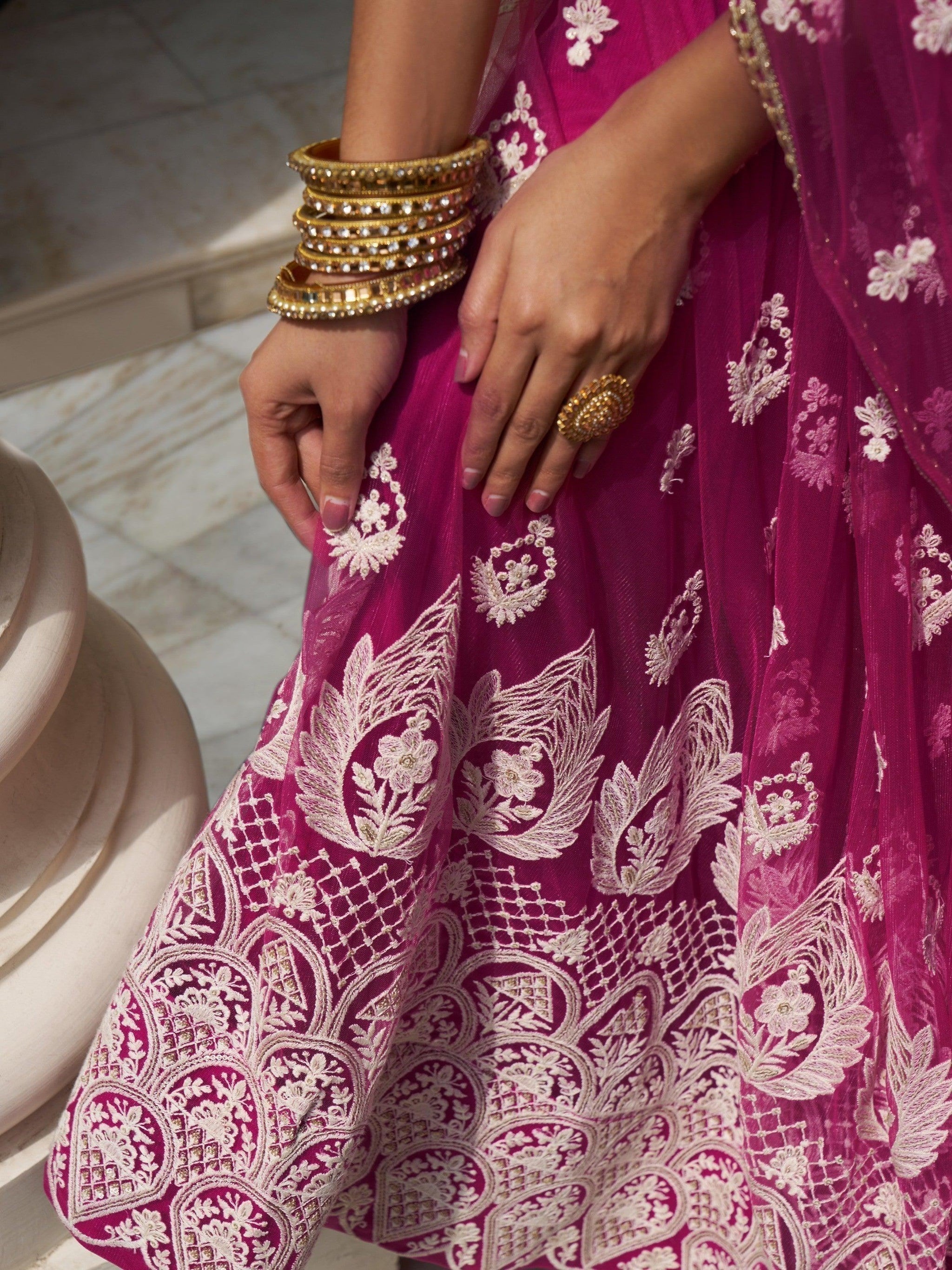 Charming Rani Pink Thread Work Net Wedding Wear Lehenga Choli
