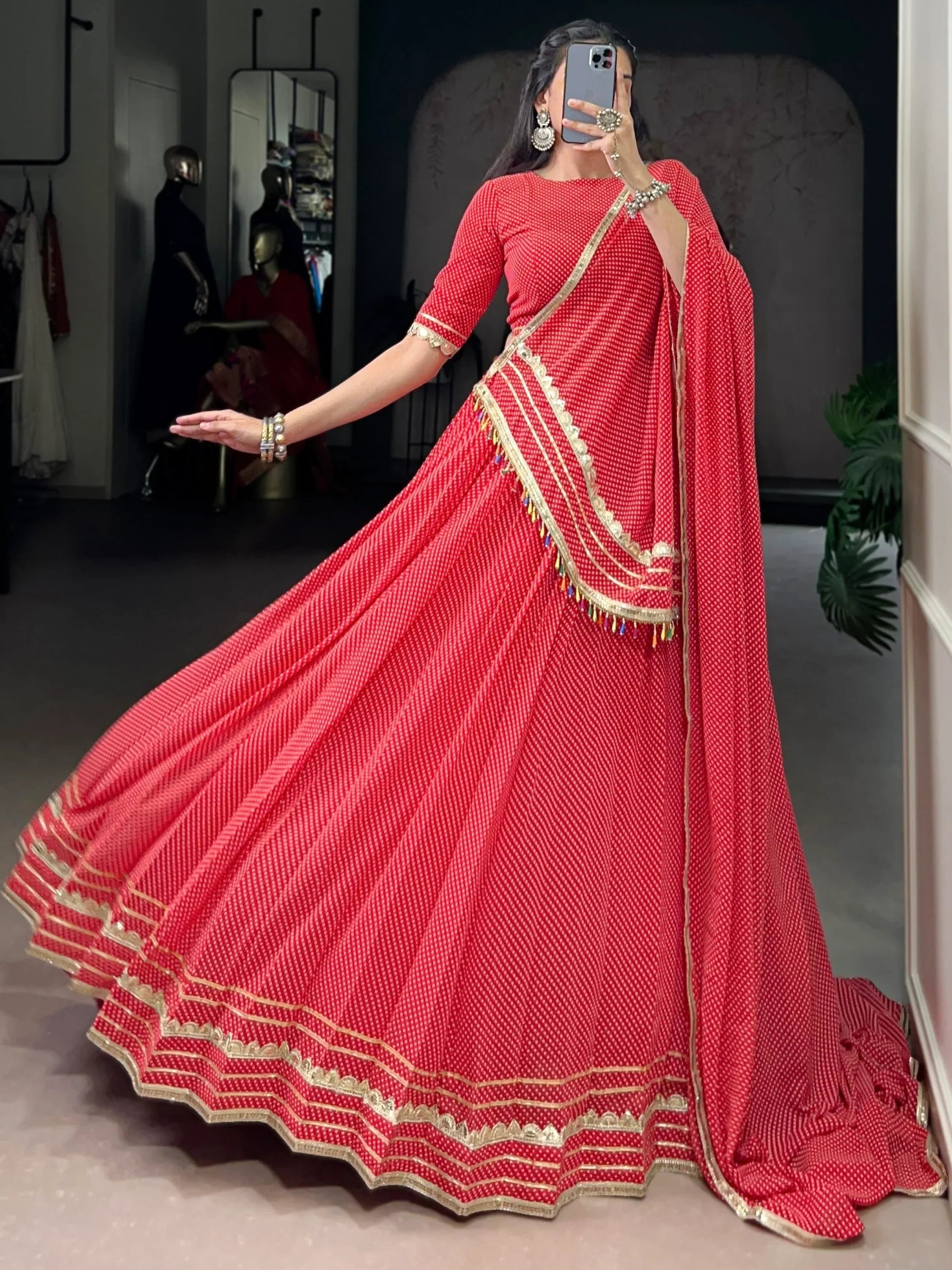 Charming Red Bandhej Print Georgette Navratri Special Lehenga With Blouse