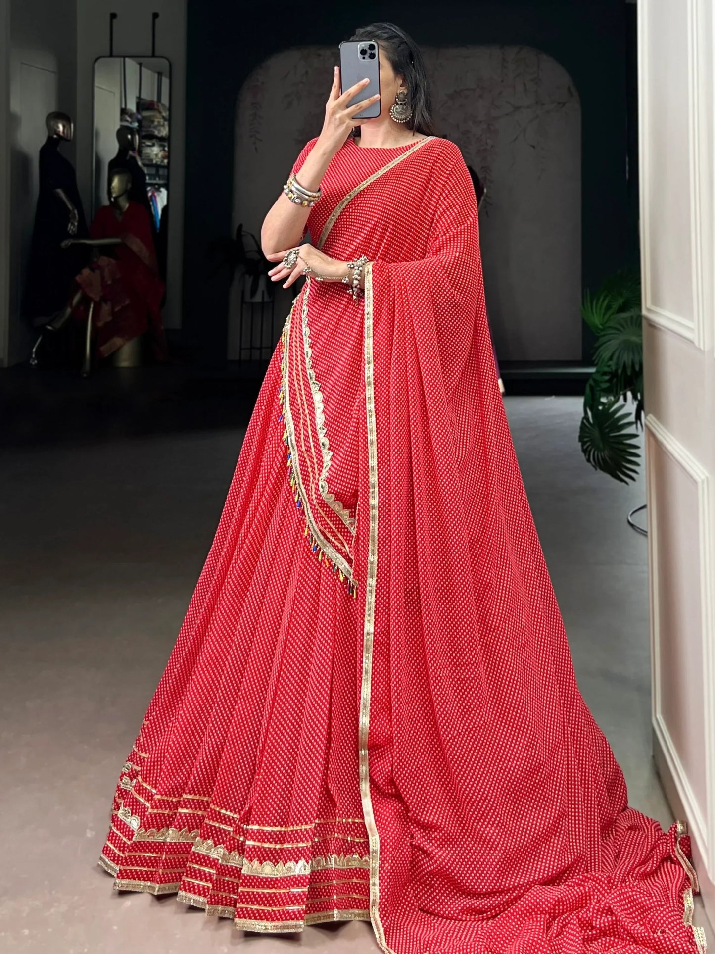 Charming Red Bandhej Print Georgette Navratri Special Lehenga With Blouse