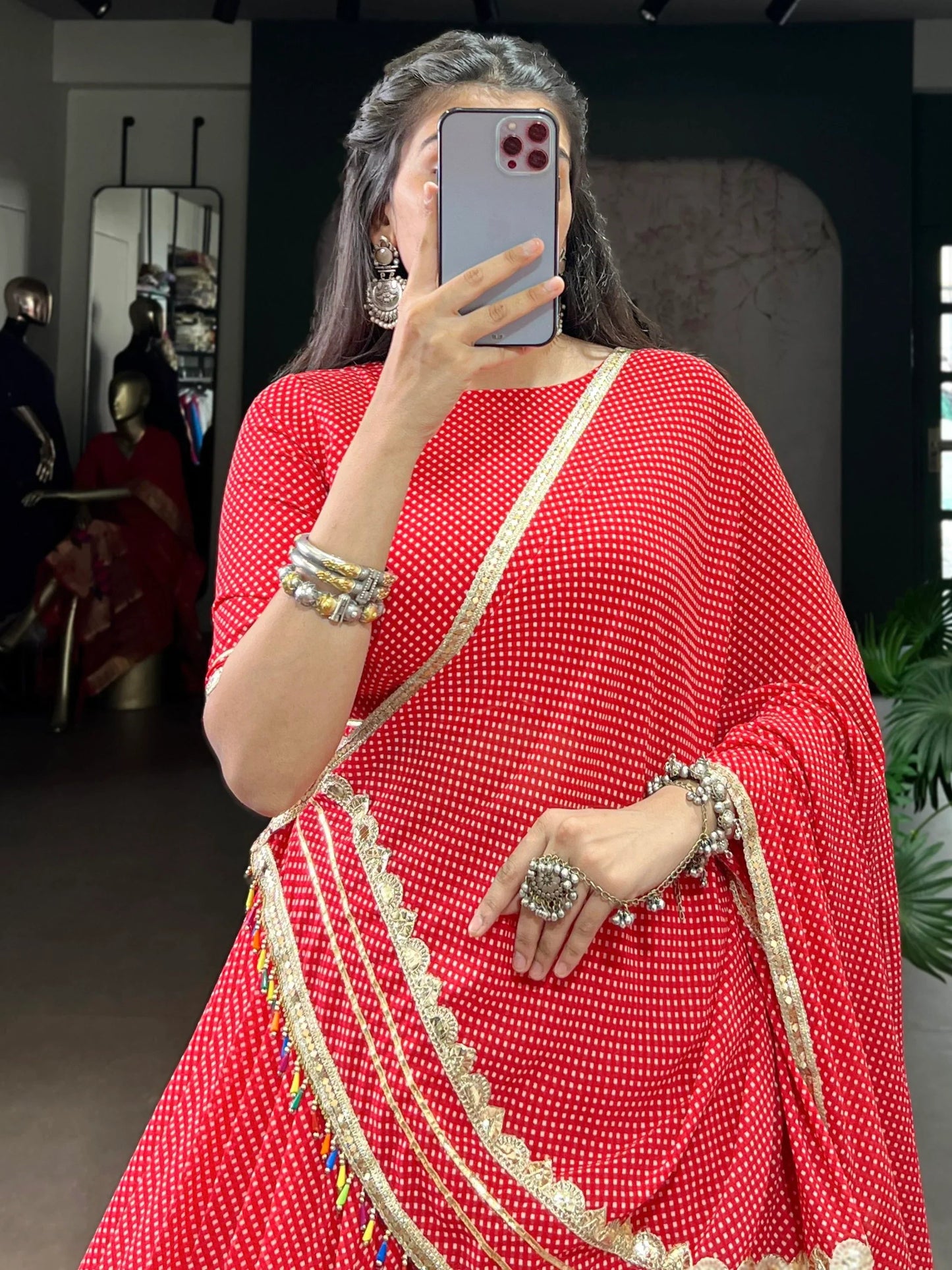Charming Red Bandhej Print Georgette Navratri Special Lehenga With Blouse