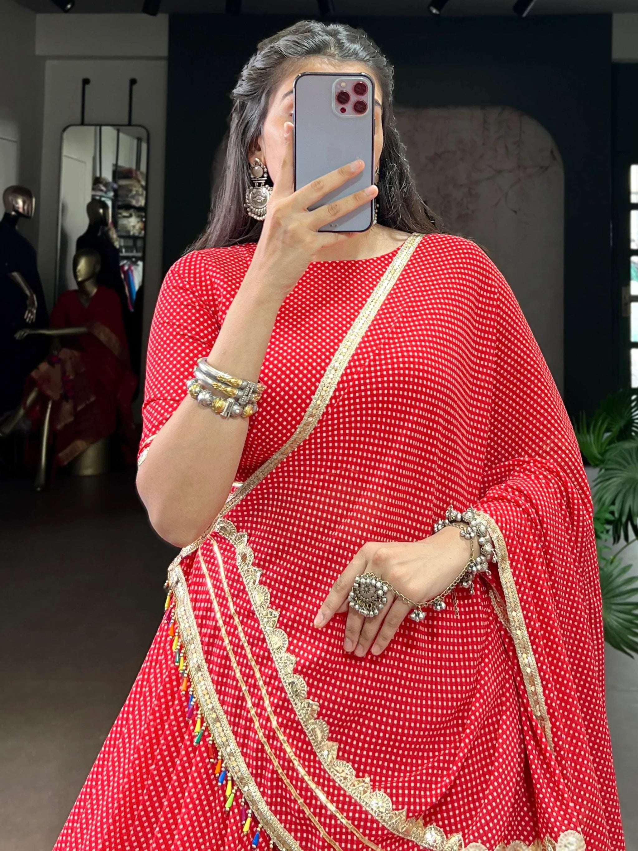 Charming Red Bandhej Print Georgette Navratri Special Lehenga With Blouse