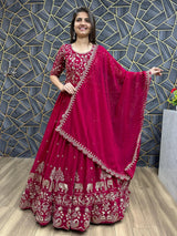 Charming Red Thread Work Georgette Wedding Wear Gown With Dupatta