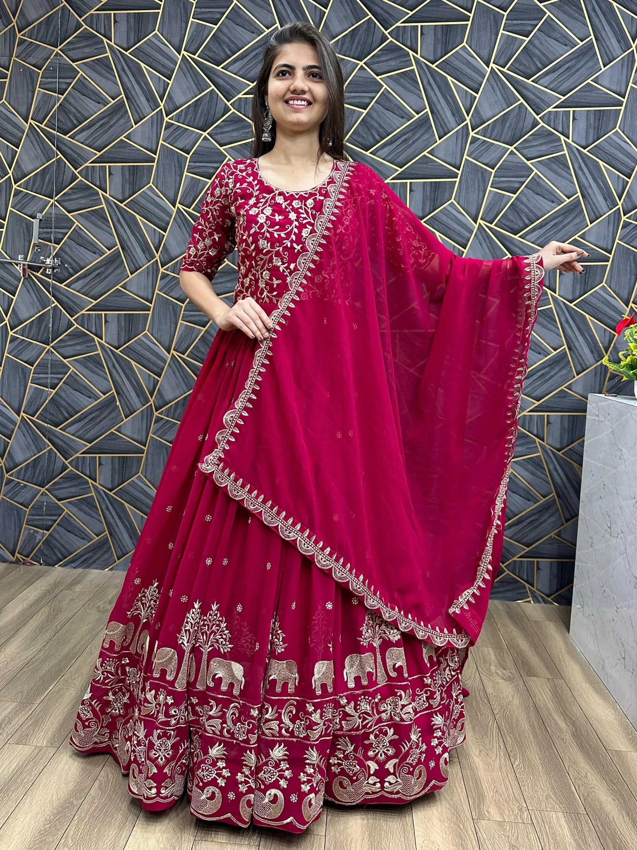 Charming Red Thread Work Georgette Wedding Wear Gown With Dupatta
