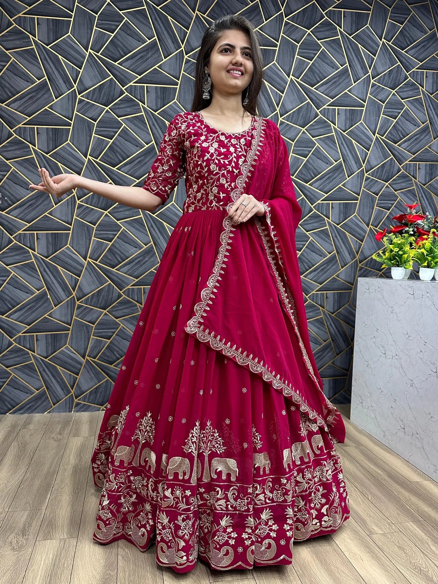 Charming Red Thread Work Georgette Wedding Wear Gown With Dupatta