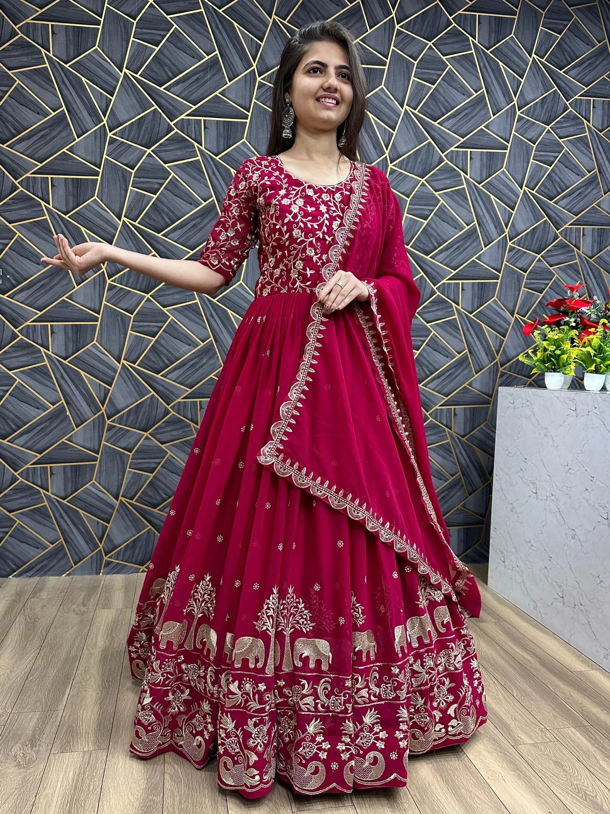 Charming Red Thread Work Georgette Wedding Wear Gown With Dupatta