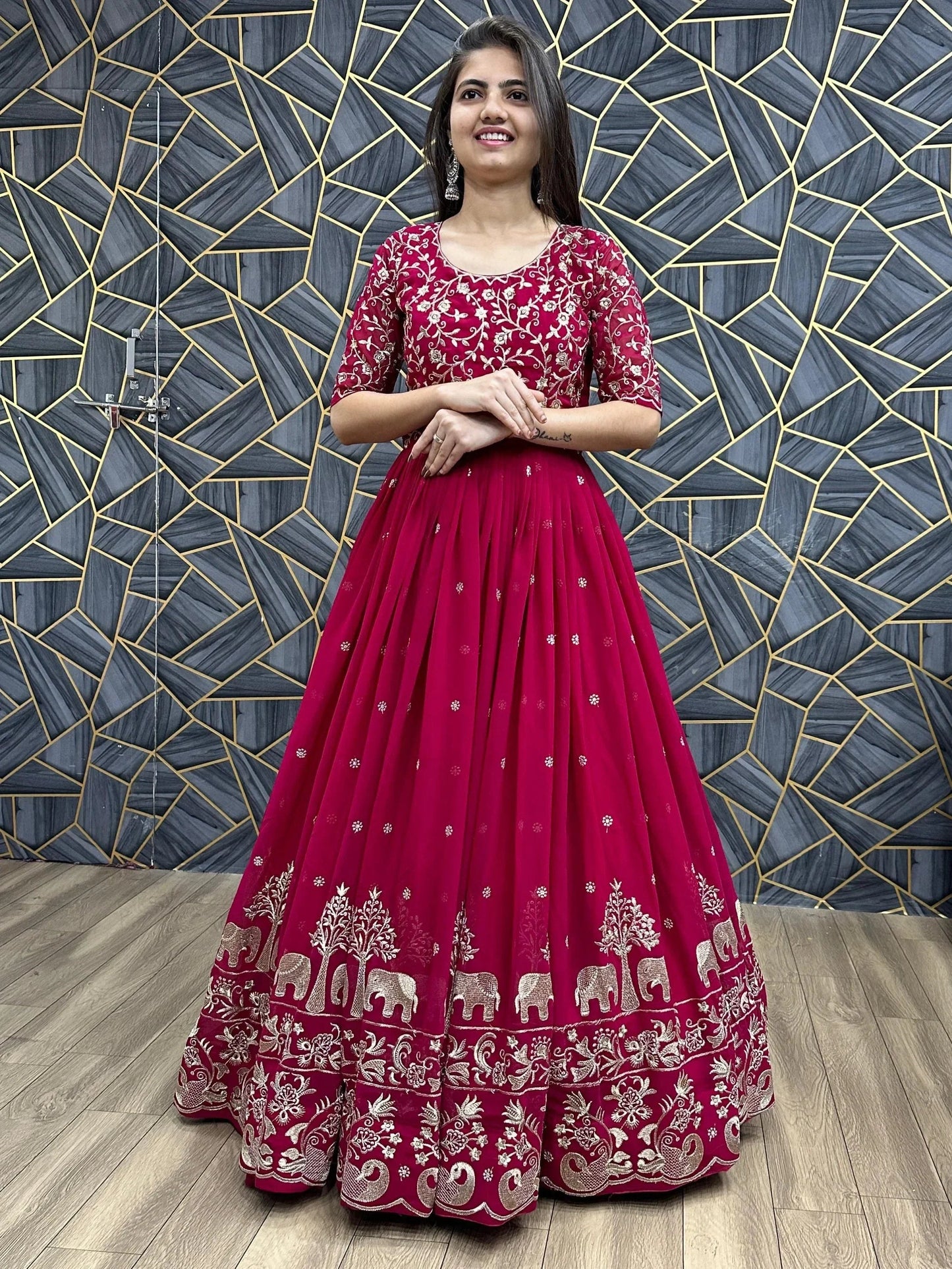 Charming Red Thread Work Georgette Wedding Wear Gown With Dupatta