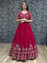 Charming Red Thread Work Georgette Wedding Wear Gown With Dupatta