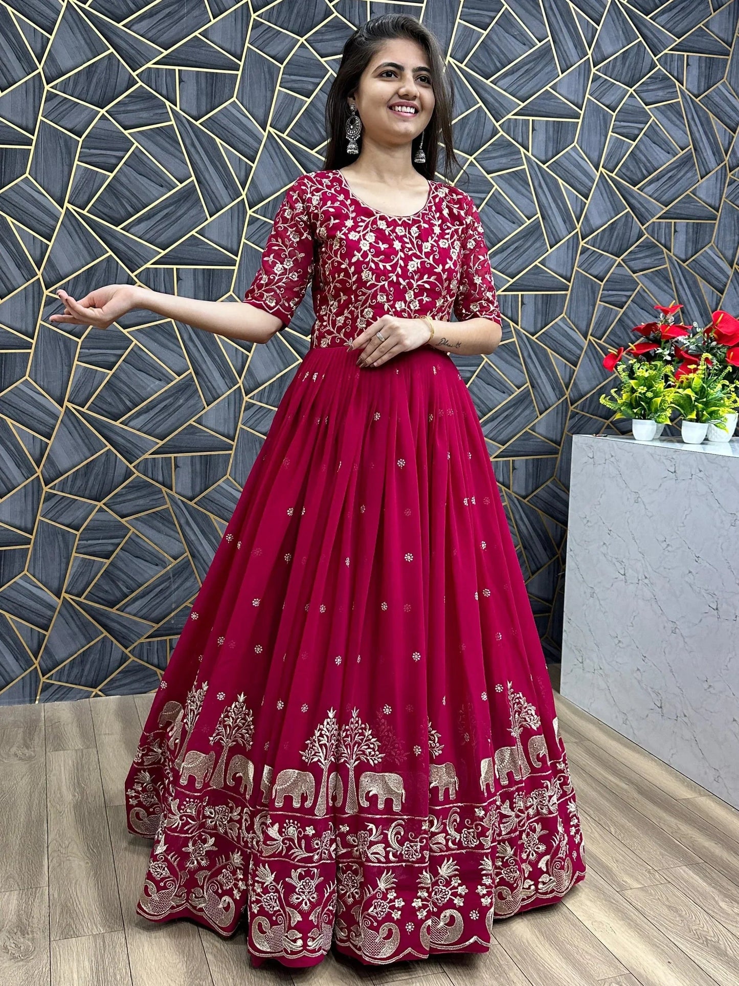 Charming Red Thread Work Georgette Wedding Wear Gown With Dupatta