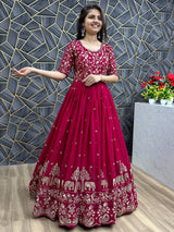 Charming Red Thread Work Georgette Wedding Wear Gown With Dupatta