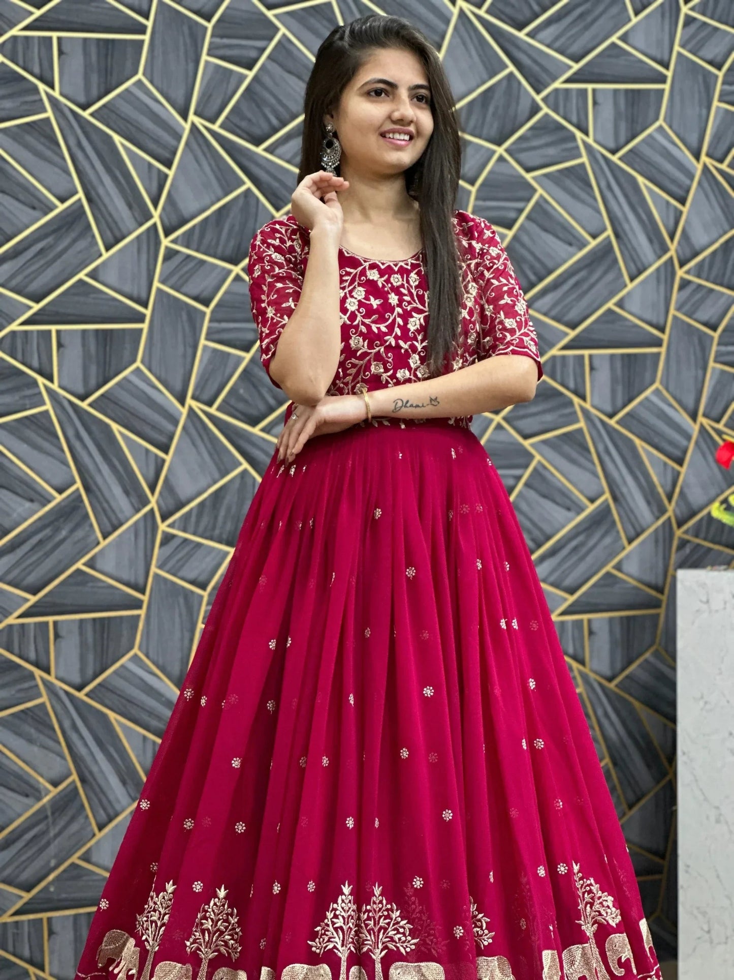 Charming Red Thread Work Georgette Wedding Wear Gown With Dupatta