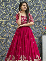 Charming Red Thread Work Georgette Wedding Wear Gown With Dupatta