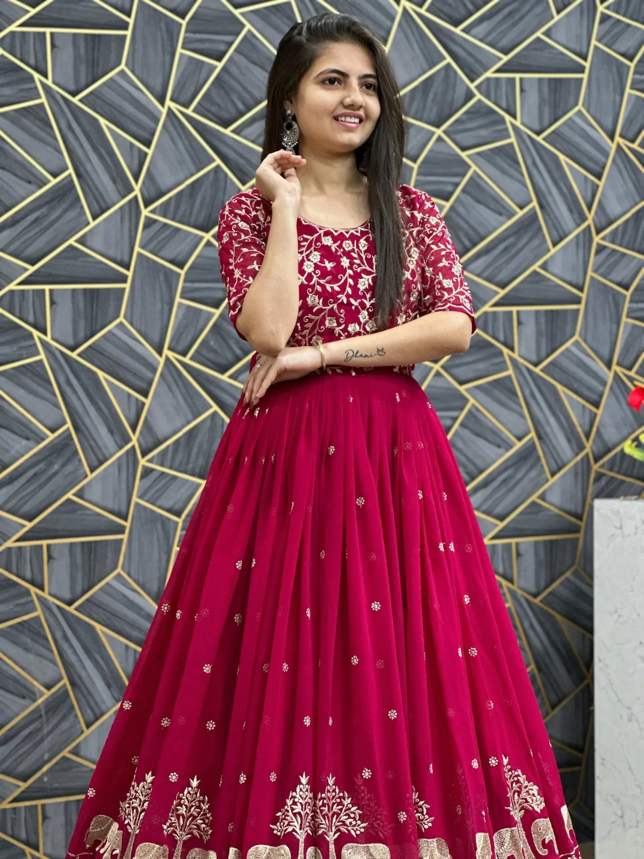Charming Red Thread Work Georgette Wedding Wear Gown With Dupatta