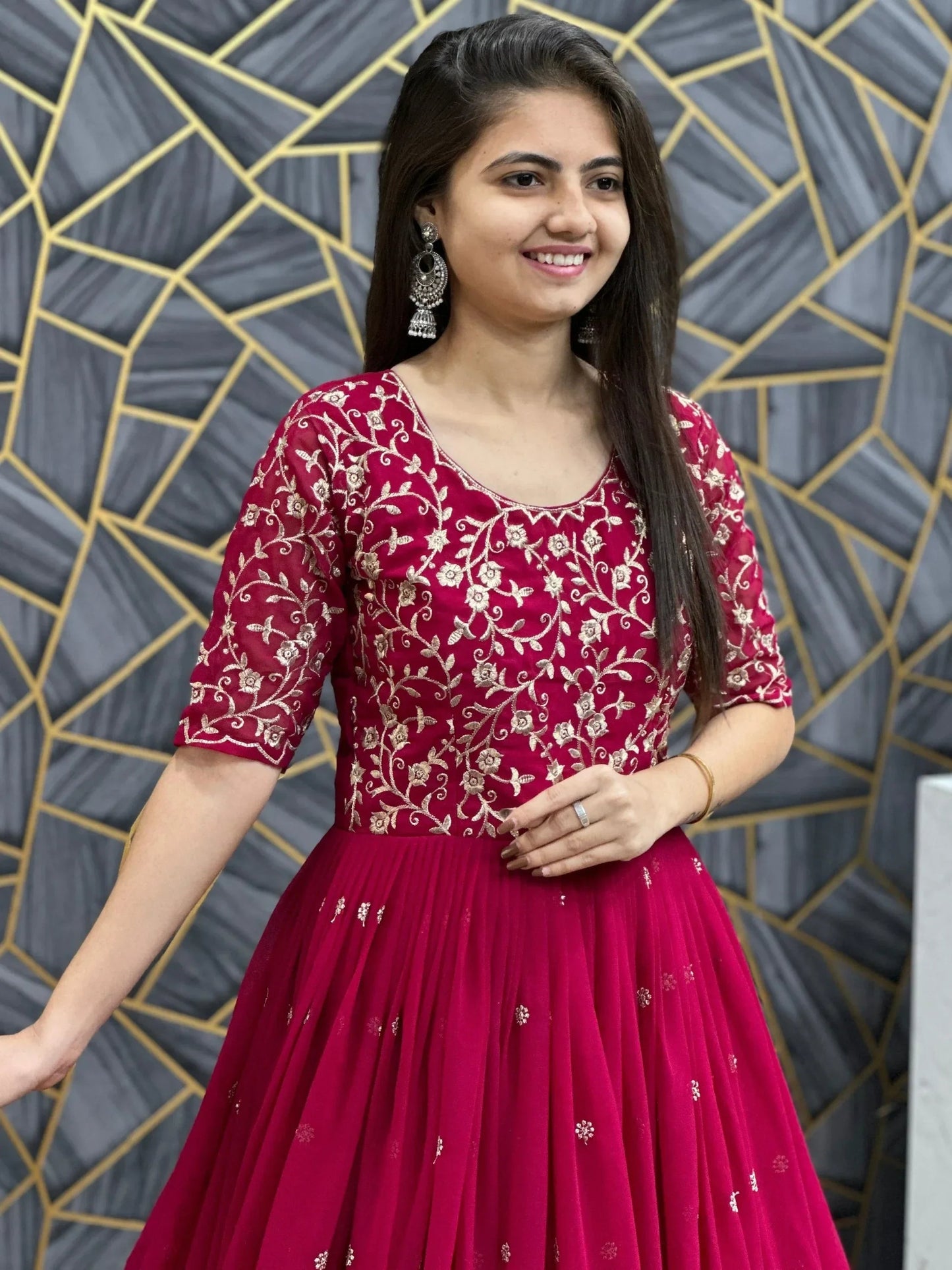 Charming Red Thread Work Georgette Wedding Wear Gown With Dupatta
