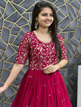 Charming Red Thread Work Georgette Wedding Wear Gown With Dupatta