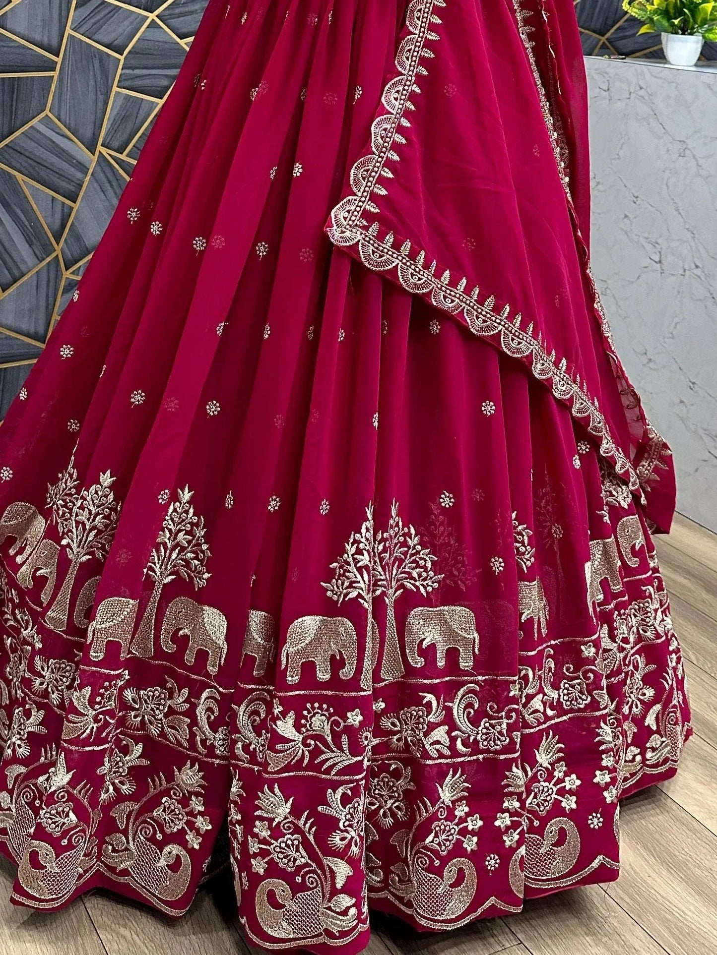 Charming Red Thread Work Georgette Wedding Wear Gown With Dupatta