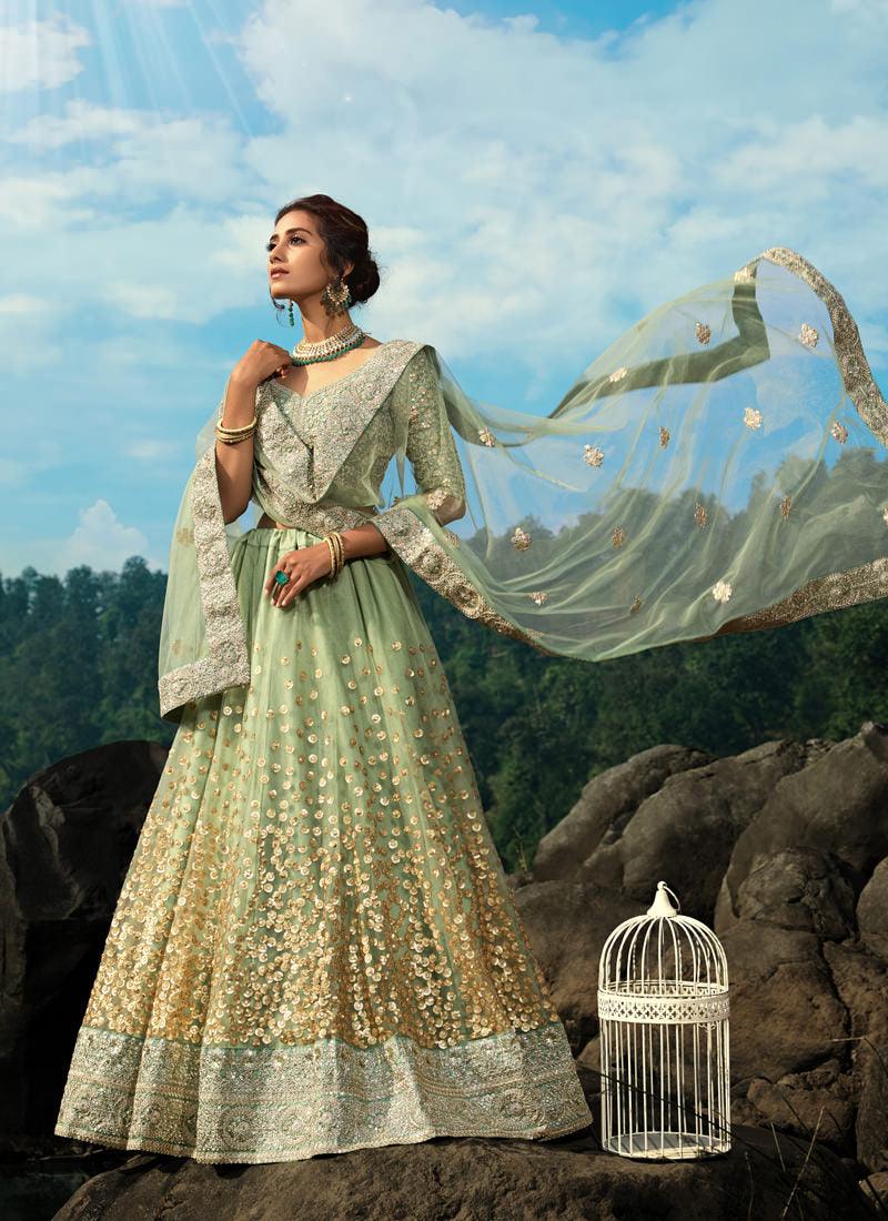 Charming Sea Green Net Base Sequin Zari Resham Work Lehenga Choli