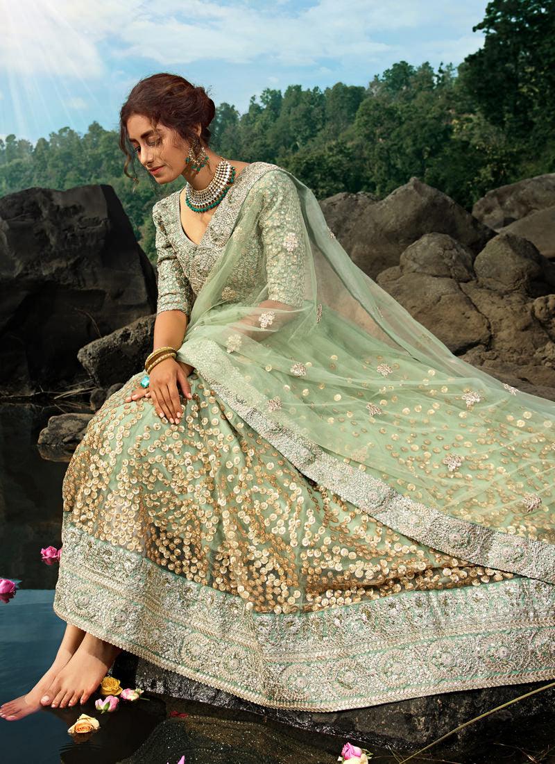 Charming Sea Green Net Base Sequin Zari Resham Work Lehenga Choli