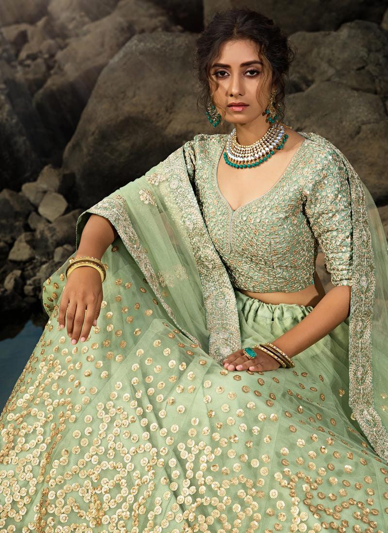 Charming Sea Green Net Base Sequin Zari Resham Work Lehenga Choli