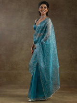 Charming Teal Blue Zari Weaving Organza Reception Wear Pre-Stitched Saree