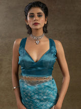 Charming Teal Blue Zari Weaving Organza Reception Wear Pre-Stitched Saree