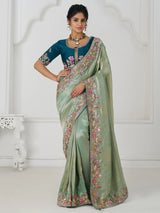 Charming Teal Green Border Work Dola Silk Engagement Wear Saree