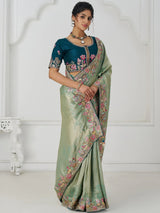Charming Teal Green Border Work Dola Silk Engagement Wear Saree