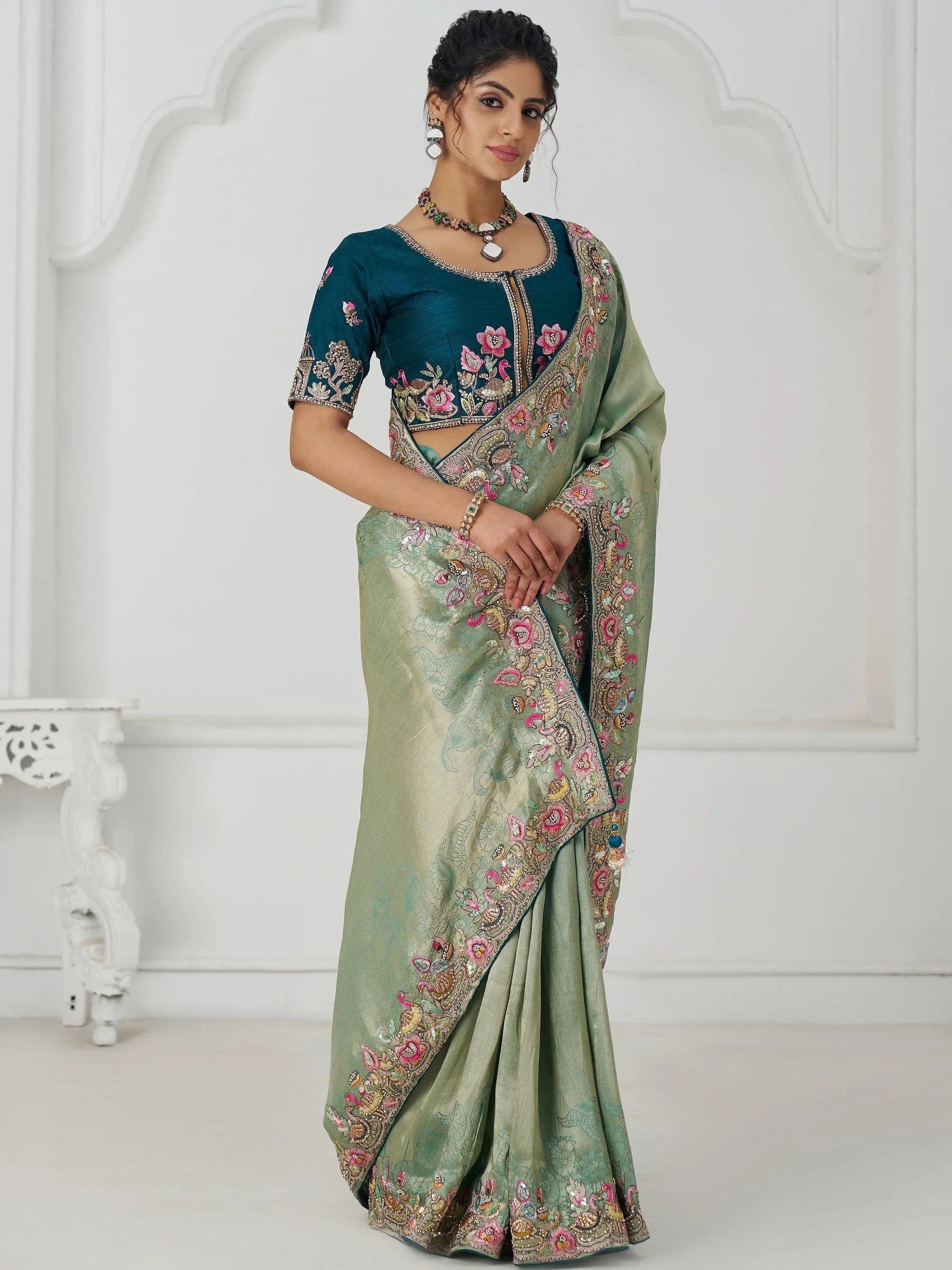 Charming Teal Green Border Work Dola Silk Engagement Wear Saree