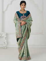 Charming Teal Green Border Work Dola Silk Engagement Wear Saree