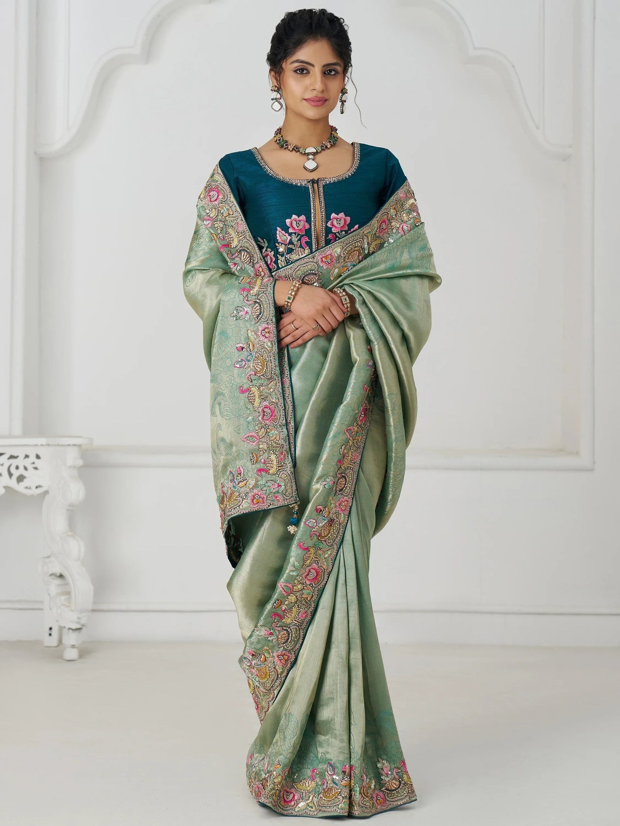 Charming Teal Green Border Work Dola Silk Engagement Wear Saree