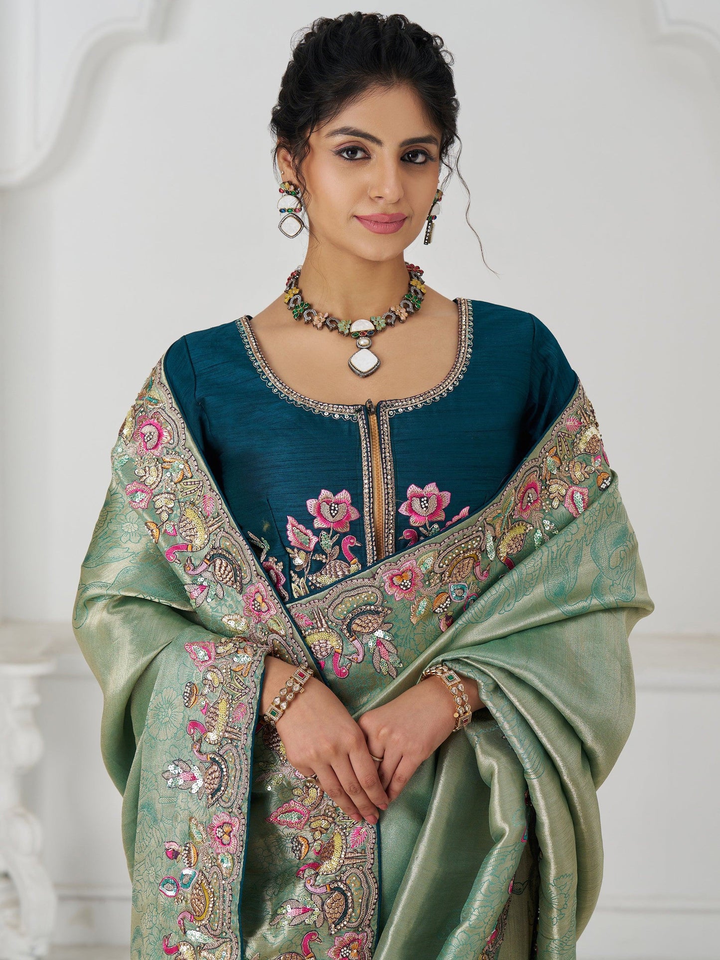 Charming Teal Green Border Work Dola Silk Engagement Wear Saree