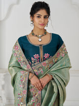 Charming Teal Green Border Work Dola Silk Engagement Wear Saree