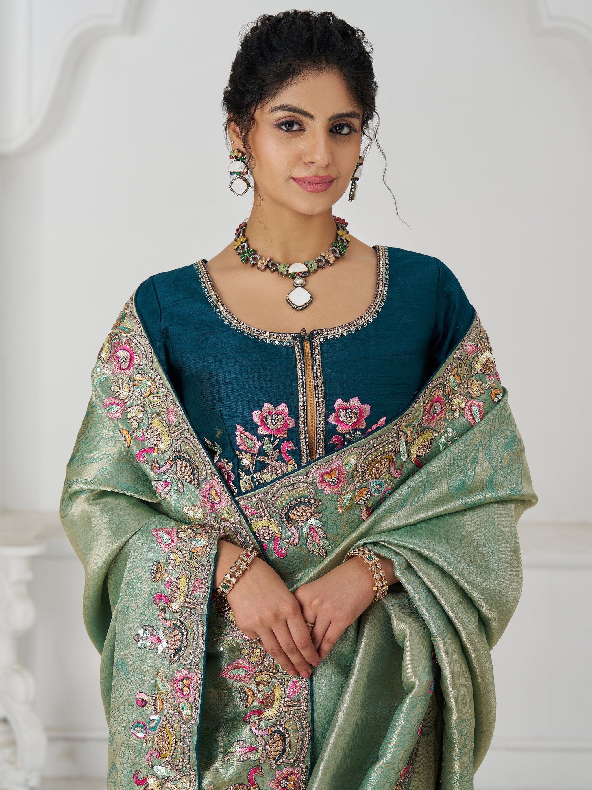 Charming Teal Green Border Work Dola Silk Engagement Wear Saree